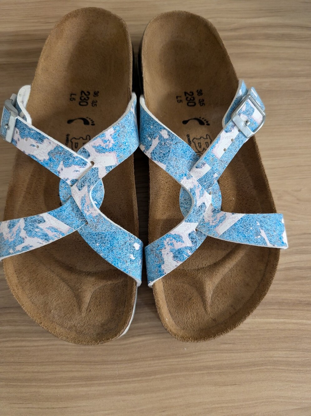 Birkis Birkenstock Sylt Blue White Print CrissCross Slide Sandals Women's Size 5